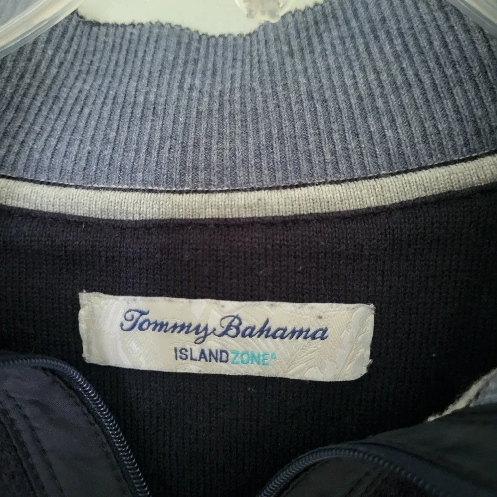 Tommy Bahama Island Zone Men XL Blue Sweater Mock Neck Zip Pocket On Sleeve
